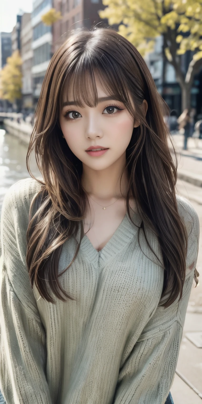 A girl walking along the river, Mix 4, sweater, pillow, lips, Open_mouth, Realistic, photograph_\(Moderate\), alone, Packed_animal, Packed_toy, Teddy_bear,(masterpiece),(photographRealistic:1.3), Very detailed, (Skin with attention to detail:1.2),(highest quality:1.0), (Ultra-high resolution:1.0), (Ulzzang-6500:0.3), Wavy fine hair, Long Hair, sunlight, (Beautiful and detailed makeup), (Sexually excited、Blushing、breathing becomes rough:1.0), Flower Theme Petals Scattered, (Flowers with a soft glow:0.5)
