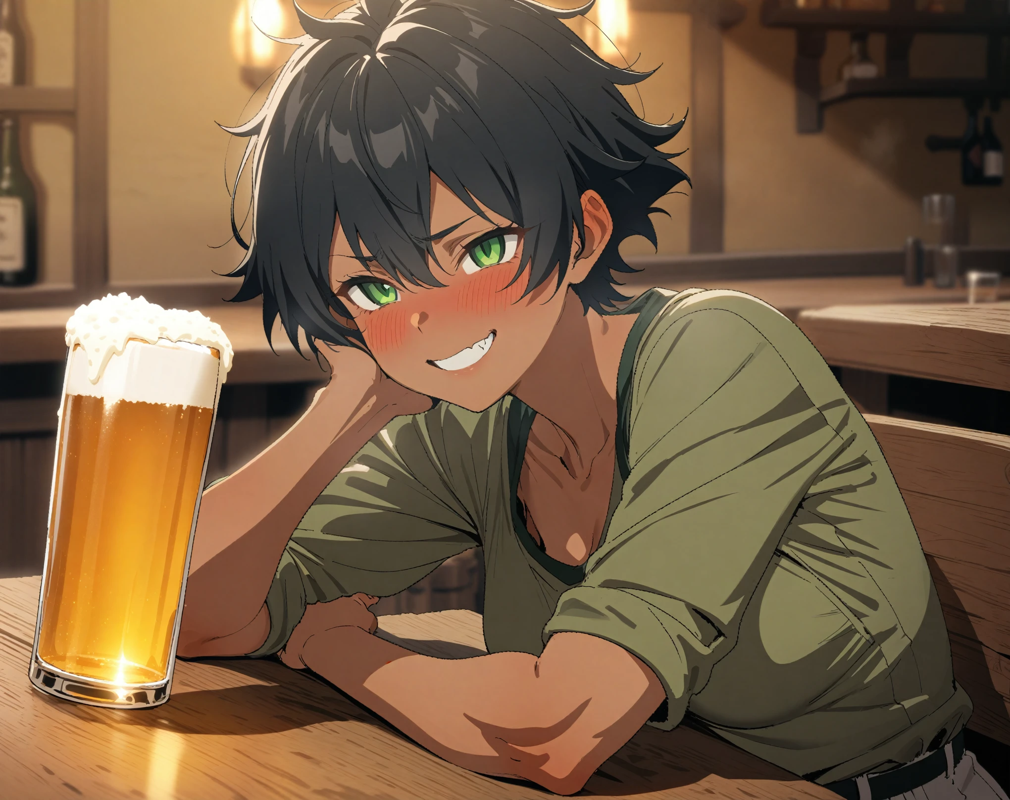 masterpiece, best quality, very aesthetic, absurdres, newest, 1boy, asymmetrical bangs, solo, looking at viewer, blush, drunk, solo, looking at viewer, brown hair, 1boy, holding, green eyes, jacket, upper body, male focus, indoors, cup, holding cup, alcohol, lantern, mug, beer, paper lantern, beer mug