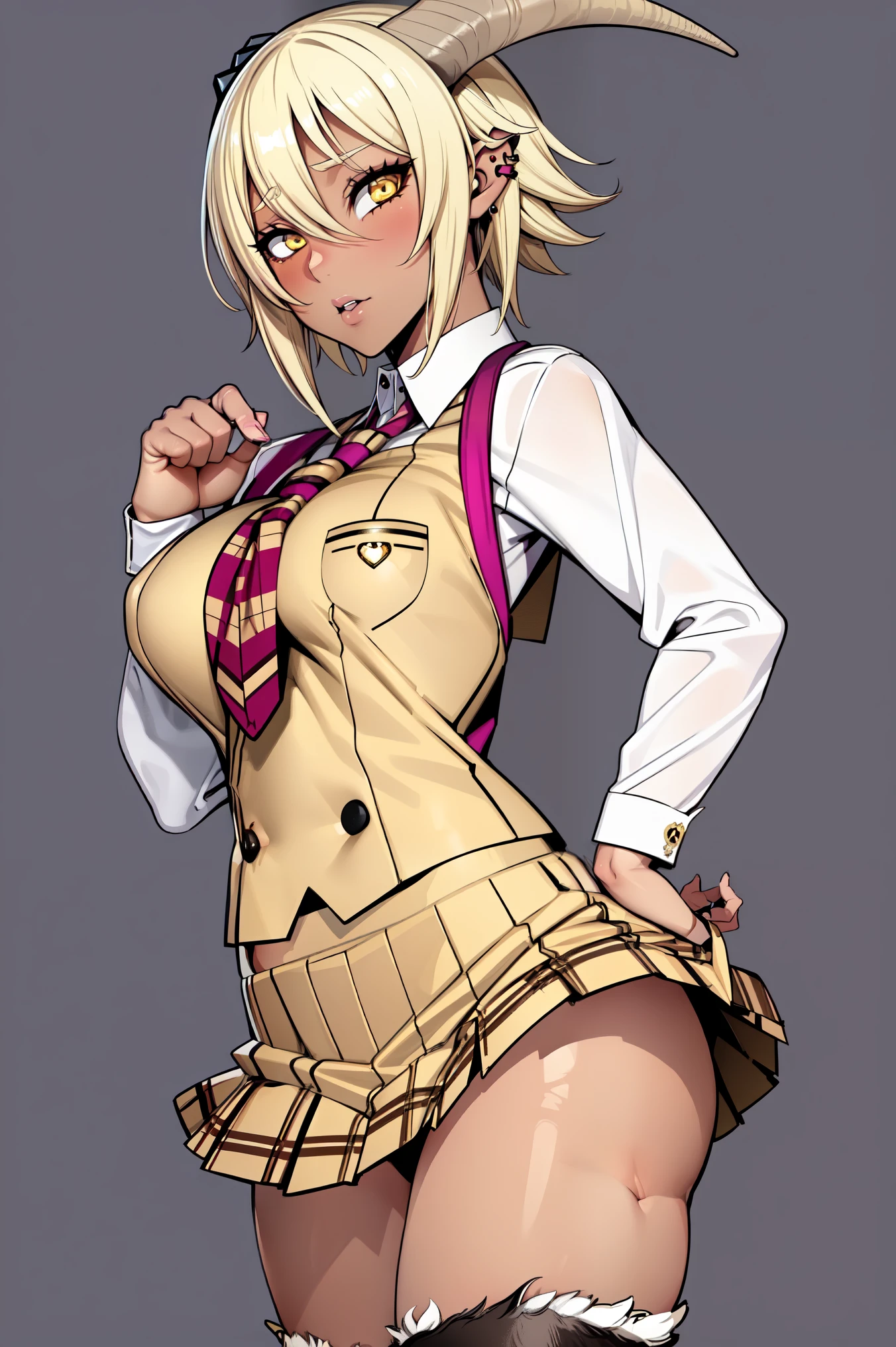 satyrcpt, satyr, goat_horns, legfur, animal ears, solo, 1girl, blonde hair, short hair, amber eyes, no light, dark skin, (gyaru),gyaru clothes, gyaru hair, school shirt, school skirt, piercings, earrings, (tomboy), large breasts, (tall),