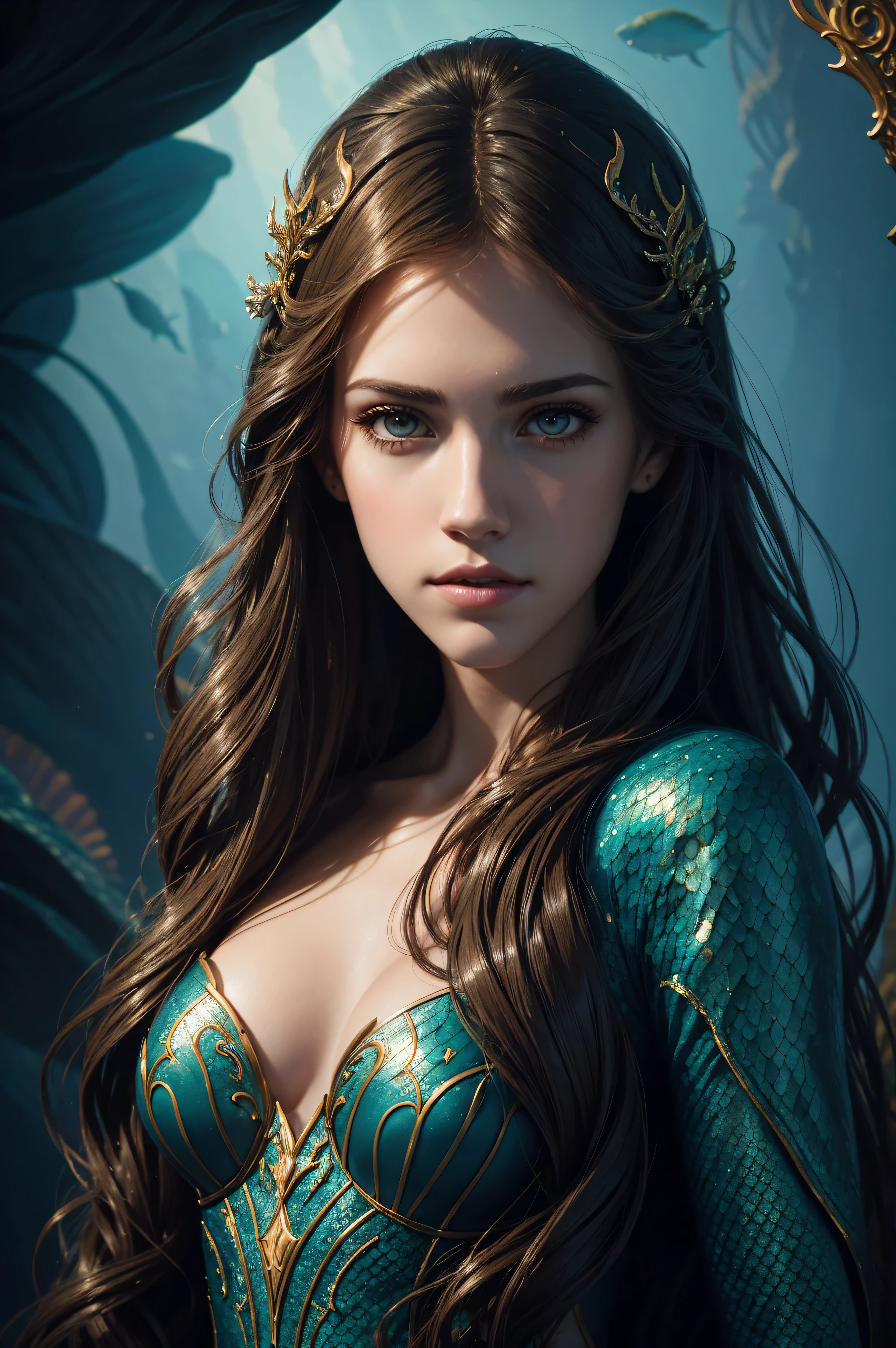 portrait Allison Williams, wearing mermaid costume, against the background of an aquarium, character portrait, 3 9 9 0 s, long hair, intricate, elegant, highly detailed, digital painting, artstation, concept art, smooth, sharp focus, illustration, art by wlop, charlie bowater and alexandra fomina