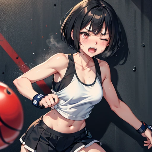 Cute Japanese high school girl with short cut, dark hair, drenched in sweat. Mixed martial arts gym. One eye tightly closed, fired up, screaming, hitting the wall as hard as she can. Out of breath, tank top, leggings, open finger gloves. Small breasts, poor belly, slender body, poor body.