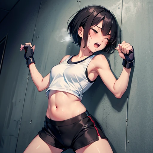 Cute Japanese high school girl with short cut, dark hair, drenched in sweat. Mixed martial arts gym. One eye tightly closed, fired up, screaming, hitting the wall as hard as she can. Out of breath, tank top, leggings, open finger gloves. Small breasts, poor belly, slender body, poor body.
