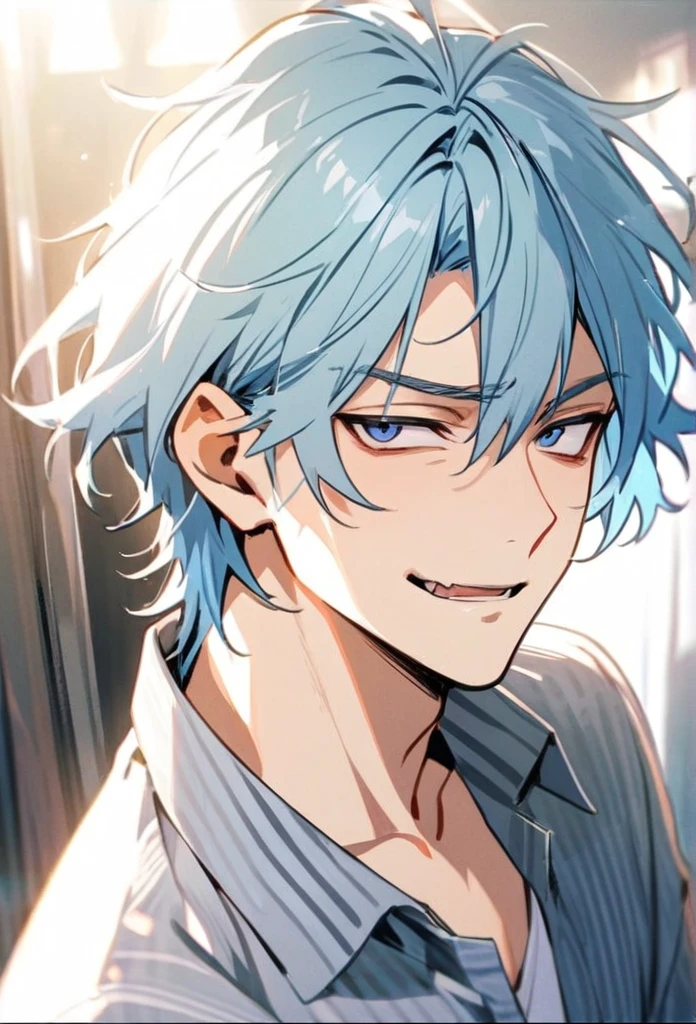 Handsome, solo, 1 male, light blue hair, dark blue eyes, 1 man, sarcastic face