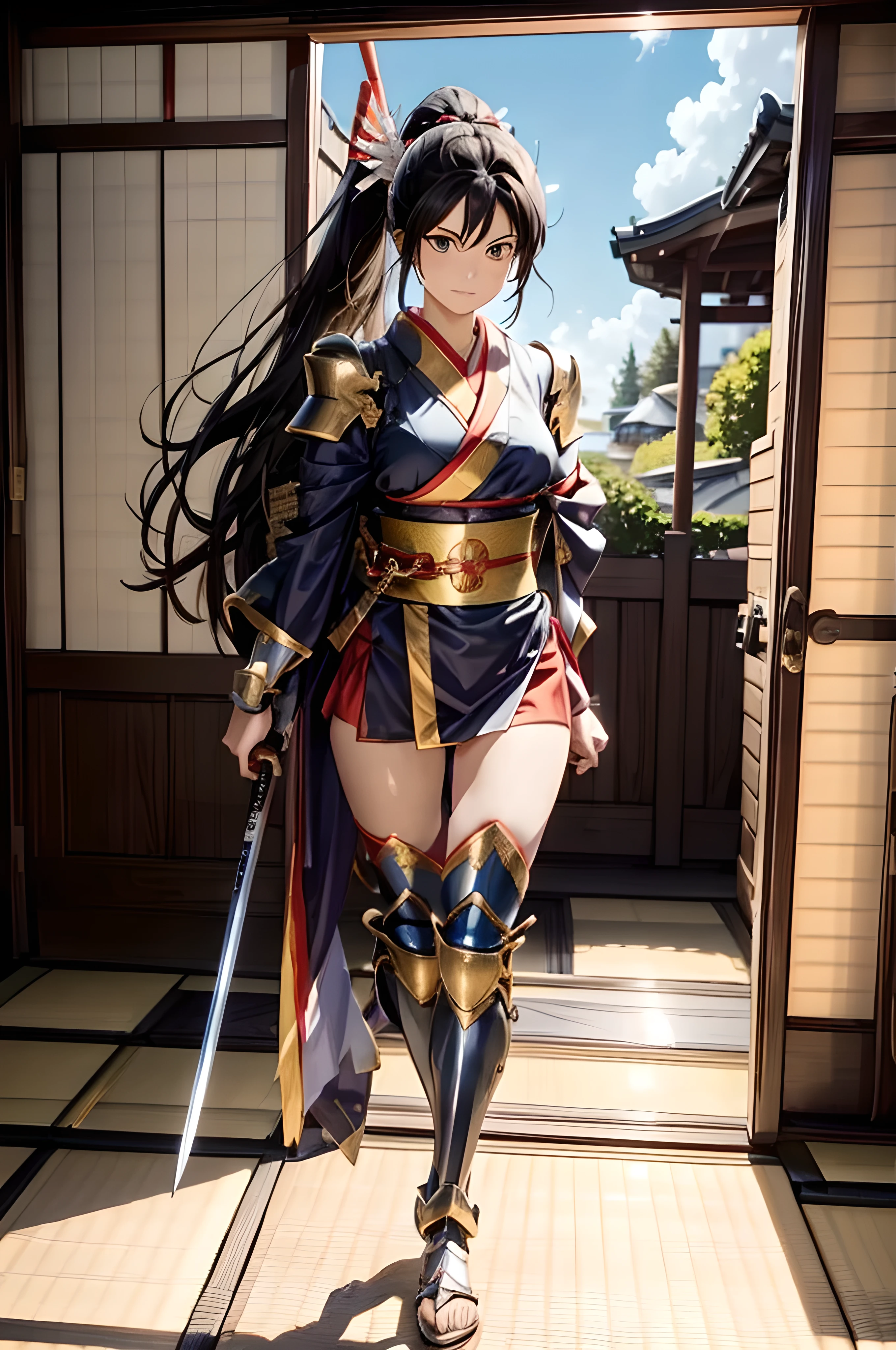 Hold your sword high、Anime character wearing a kimono, One Girl, warrior,arms, sword, Black Hair, alone,round and large eyes,Deep scarlet eyes, ponytail, Long Hair, knife, Similarly,((Japanese Armor))),((Plate Armor)), Has arms, ((foot armor)), Grab your sword, View your viewers,Helmet,((Hair band with metal plate)),Dynamic action poses,(((cliff))),(((drop down))),