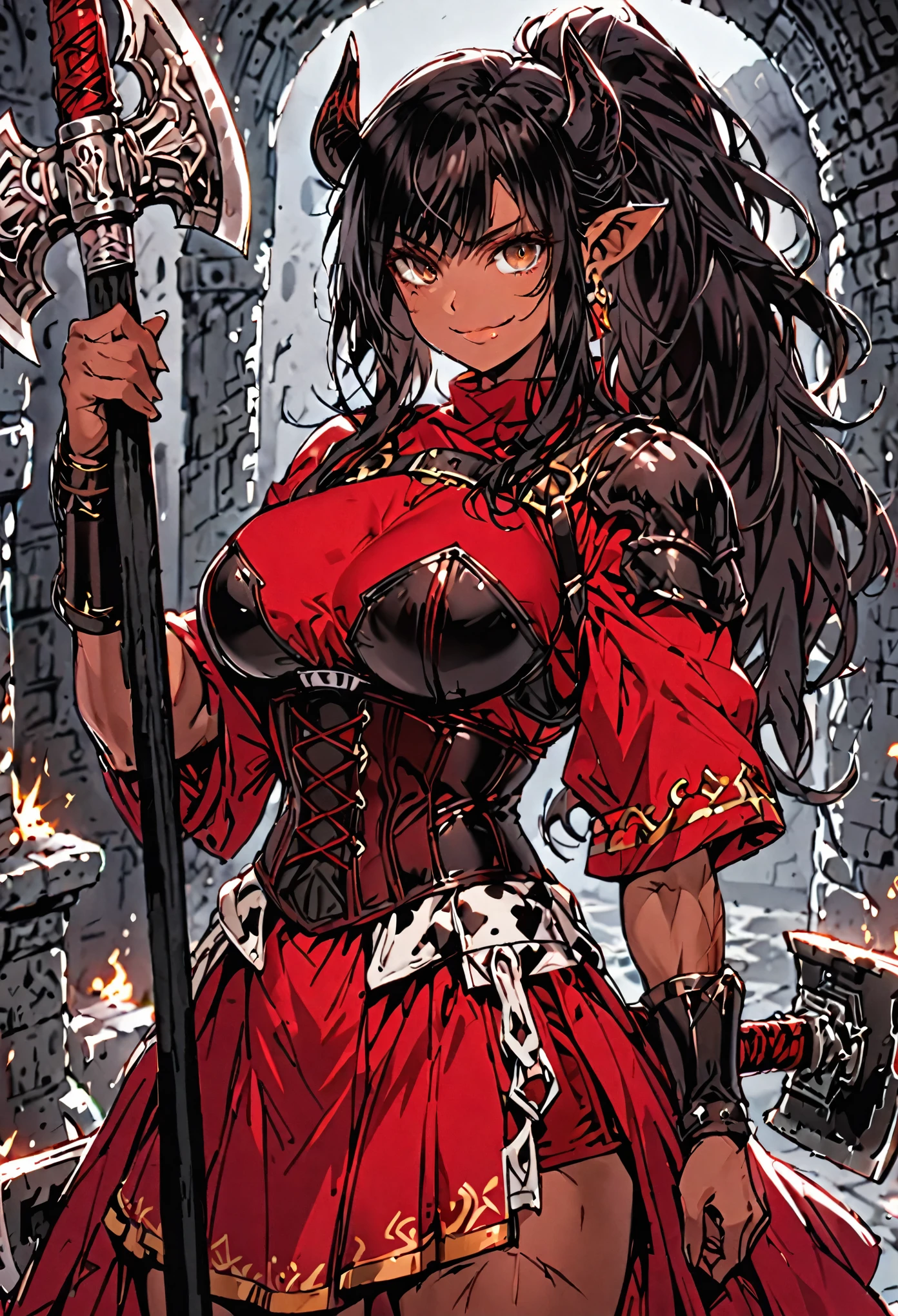 solo, female, medium shot, sfw:1.4, red robes, dungeon, long messy hair, black hair, ponytail, cow ears, black horns, tanned skin, muscular, huge breasts, corset armor, scar on face, brown eyes, red Roman skirt, axe, smile