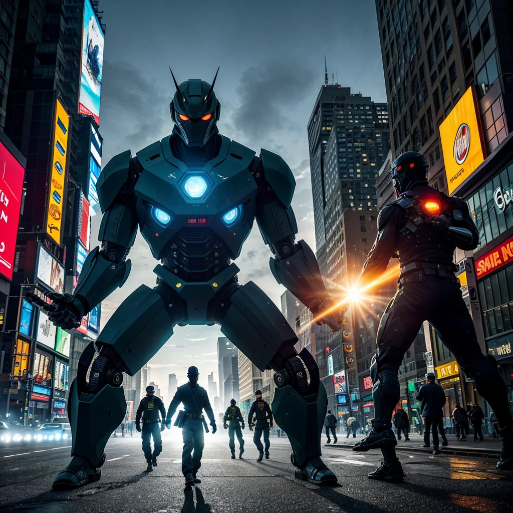 A giant, alien robot rampages through the streets of New York. The robot is depicted with incredible detail, showcasing its massive metal frame and intricate mechanical components. The robot's eyes emit a menacing glow, captivating the viewer's attention. The robot's size and strength are emphasized, with its towering presence dominating the cityscape. As the chaos unfolds, a team of color-coded ninjas swiftly emerges to confront the colossal threat. Each ninja is portrayed with their own unique style and personality. Their agile movements and expert martial arts skills are vividly described, with an emphasis on the fluidity and precision of their actions. The ninjas wear vibrant, eye-catching uniforms that distinguish their individual roles within the team. The backdrop of the scene showcases the iconic landmarks of New York City, such as the Statue of Liberty and the Empire State Building, which are partially destroyed as a result of the robot's assault. The city streets are bustling with terrified civilians, creating a sense of urgency and highlighting the scale of the disaster. The image is of the highest quality, capturing every intricate detail and texture. It is presented in a hyper-realistic style that accentuates the lifelike appearance of the characters and the environment. The colors are vivid and saturated, enhancing the visual impact and adding depth to the composition. The lighting is dramatic, with dynamic shadows and highlights that create a sense of cinematic atmosphere. Overall, the prompt sets the stage for a thrilling and visually stunning depiction of an alien giant robot attack on New York City, with a team of color-coded ninjas ready to engage in an epic battle to save the metropolis from destruction. The combination of high-quality visuals, detailed descriptions, and engaging storytelling elements will enable Stable Diffusion to generate a captivating and awe-inspiring image.