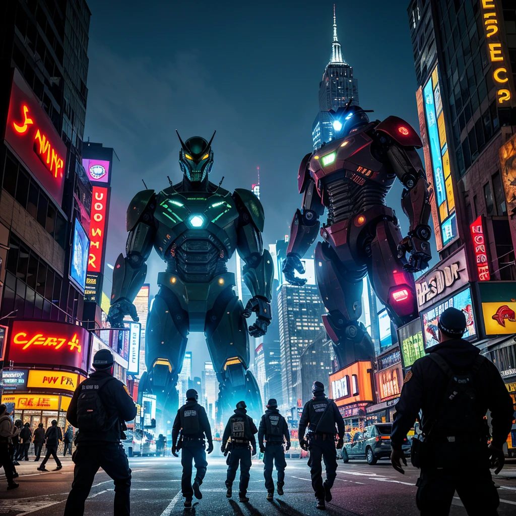 A giant, alien robot rampages through the streets of New York. The robot is depicted with incredible detail, showcasing its massive metal frame and intricate mechanical components. The robot's eyes emit a menacing glow, captivating the viewer's attention. The robot's size and strength are emphasized, with its towering presence dominating the cityscape. As the chaos unfolds, a team of color-coded ninjas swiftly emerges to confront the colossal threat. Each ninja is portrayed with their own unique style and personality. Their agile movements and expert martial arts skills are vividly described, with an emphasis on the fluidity and precision of their actions. The ninjas wear vibrant, eye-catching uniforms that distinguish their individual roles within the team. The backdrop of the scene showcases the iconic landmarks of New York City, such as the Statue of Liberty and the Empire State Building, which are partially destroyed as a result of the robot's assault. The city streets are bustling with terrified civilians, creating a sense of urgency and highlighting the scale of the disaster. The image is of the highest quality, capturing every intricate detail and texture. It is presented in a hyper-realistic style that accentuates the lifelike appearance of the characters and the environment. The colors are vivid and saturated, enhancing the visual impact and adding depth to the composition. The lighting is dramatic, with dynamic shadows and highlights that create a sense of cinematic atmosphere. Overall, the prompt sets the stage for a thrilling and visually stunning depiction of an alien giant robot attack on New York City, with a team of color-coded ninjas ready to engage in an epic battle to save the metropolis from destruction. The combination of high-quality visuals, detailed descriptions, and engaging storytelling elements will enable Stable Diffusion to generate a captivating and awe-inspiring image.