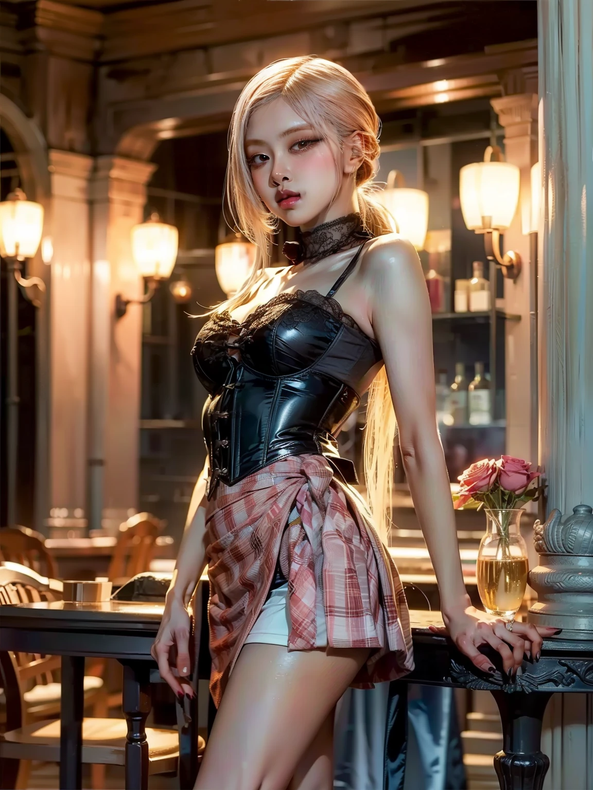 (Masterpiece, best quality, 8k RAW photo, photorealistic:), ((masterpiece)), ((a hot beautyful curvy asian girl)), ((detailed face)), (there is a cyberpunk city in the background), (masterpiece), (good anatomy), ((her breasts are visible)), detailed eyes, from behind, detailed face, (stocking), ((round ass)), ass pose, (((she is in a mini short skirt))), long blonde hair, (stocking), (((pink, black latex Babydoll Bodysuit with Garter Belts Sexy Bra and Fast Lane Lace Thong Panty)), ((big brasilian butt)), ((Secretary outfit)), blonde hair, big tits, ((she is sitting on a bar stool with her back in the picture)), (((it is photographed from below))), good anatomy