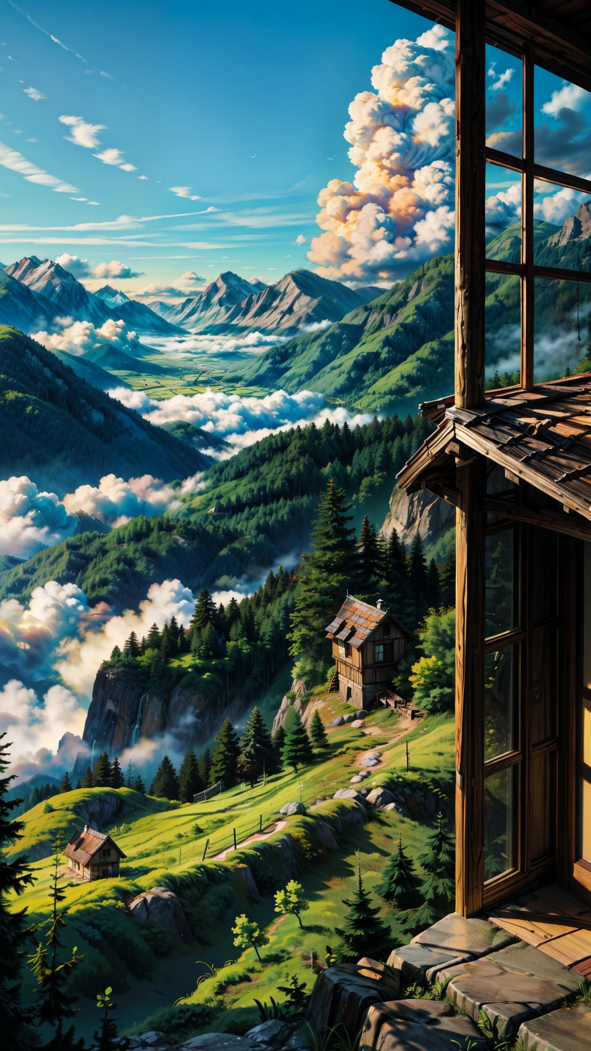 mais alta qualidade,A obra-prima perfeita,Arte perfeita,Obras Oficiais,8k,, melhor qualidade, (obra de arte:1.2), illustration, absurdos, Nestled in the mountains, my cozy little house is surrounded by rolling clouds and vibrant greenery. From my window, I watch as the clouds drift lazily across the sky, casting shadows over the landscape below. The fresh mountain air fills my lungs, bringing a sense of peace and tranquility to my soul. Surrounded by the beauty of nature, I feel at home, far away from the hustle and bustle of city life. In this serene haven, every moment is a reminder of the simple joys and breathtaking beauty of mountain living.