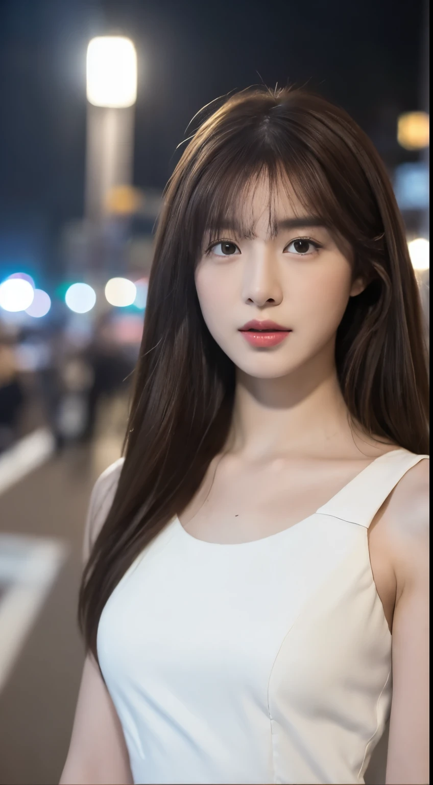((Realistic lighting, Best quality, 8K, Masterpiece: 1.3)), Focus: 1.2, 1girl, Perfect Figure: 1.4, Slim Abs: 1.1, ((Dark brown hair)), (White dress: 1.4), (Outdoor, Night: 1.1), City streets, Super fine face, Fine eyes, Double eyelids,