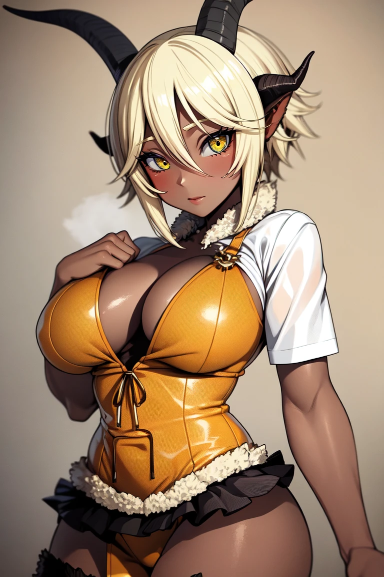satyr, goat_horns, legfur, animal ears, solo, 1girl, blonde hair, short hair, amber eyes, dark skin, (gyaru), gyaru clothes, gyaru hair, (tomboy), large breasts, (tall), 