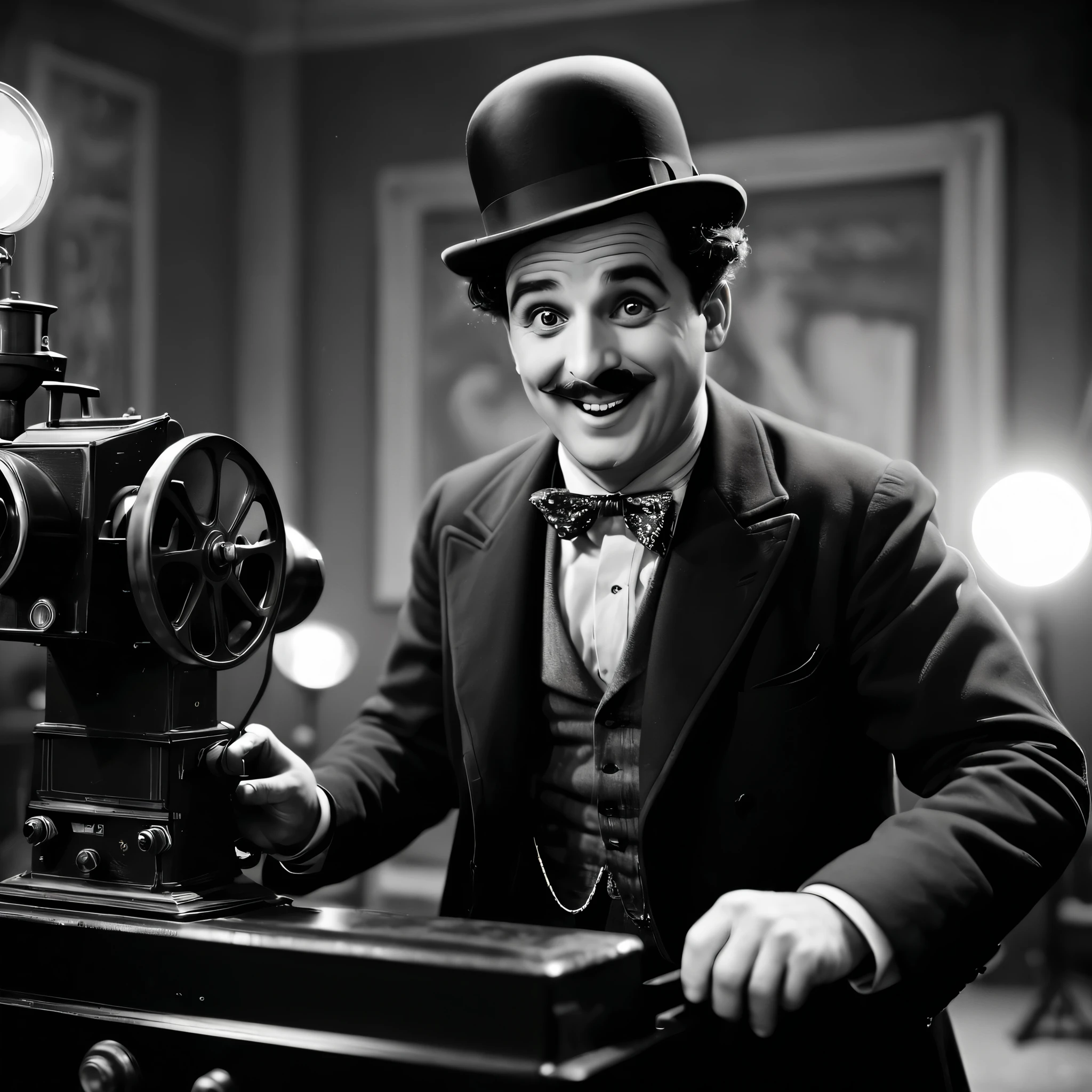 best quality, 4k, 8k, high resolution, masterpiece: 1.2, Super detailed, actual: 1.37, grainy film texture, High quality cinematic experience, flashing lights, The Aesthetics of Silent Film, Directed by a great filmmaker, the magic of movies, (nostalgia, Causes nostalgia: 1.1) Visual effect, black and white contrast, artistic frames, dramatic lighting, Professional photography, Authentic movie look, retro charm, vignette effect, The charm of old Hollywood, mysterious atmosphere, Charlie Chaplin comedy, brisk, black and white, retro, High quality, vignette, Detailed facial expressions, slapstick comedy, physical comedy, Fun action, expressive body language, nostalgia atmosphere, juggling style, piano background music, grainy film, Comedian wearing bowler hat, Actions are too exaggerated, visual gag, bright smile, Curly mustache, sugar cane, Formal suit and tie, Shabby shoes, frowning opponent, A chaotic and humorous situation, Complex and fast-paced choreography, Comedic timing, Naughty and mischievous character, warm applause and laughter, High quality film projector, Film strip rolling, Cute and lovable characters, comedy genius.