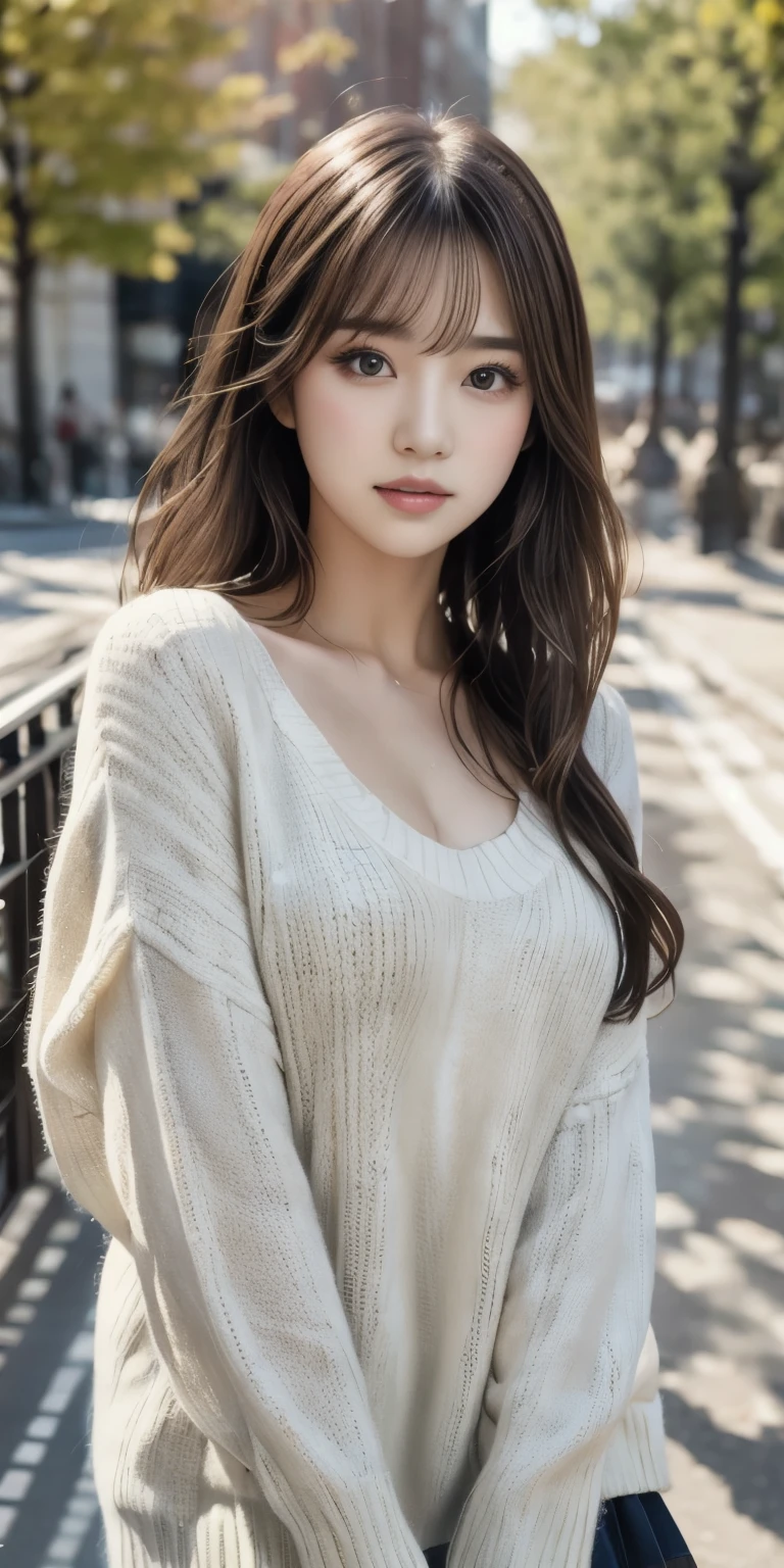 A girl walking along the river, Mix 4, sweater, pillow, lips, Open_mouth, Realistic, photograph_\(Moderate\), alone, Packed_animal, Packed_toy, Teddy_bear,(masterpiece),(photographRealistic:1.3), Very detailed, (Skin with attention to detail:1.2),(highest quality:1.0), (Ultra-high resolution:1.0), (Ulzzang-6500:0.3), Wavy fine hair, Long Hair, sunlight, (Beautiful and detailed makeup), (Sexually excited、Blushing、breathing becomes rough:1.0), Flower Theme Petals Scattered, (Flowers with a soft glow:0.5)