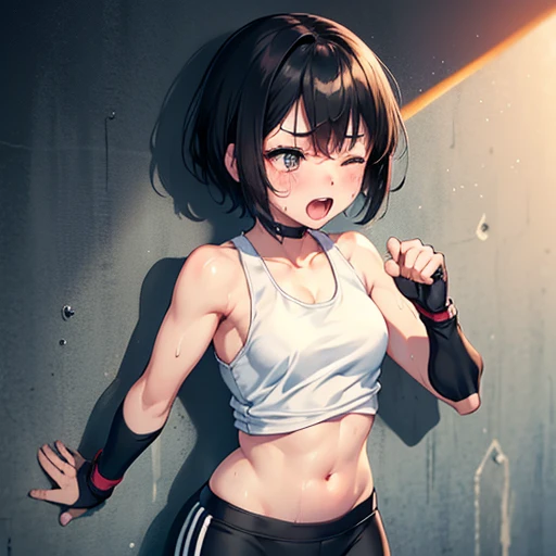 Cute Japanese high school girl with short cut, dark hair, drenched in sweat. Mixed martial arts gym. One eye tightly closed, fired up, screaming, hitting the wall as hard as she can. Out of breath, tank top, leggings, open finger gloves. Small breasts, poor belly, slender body, poor body.