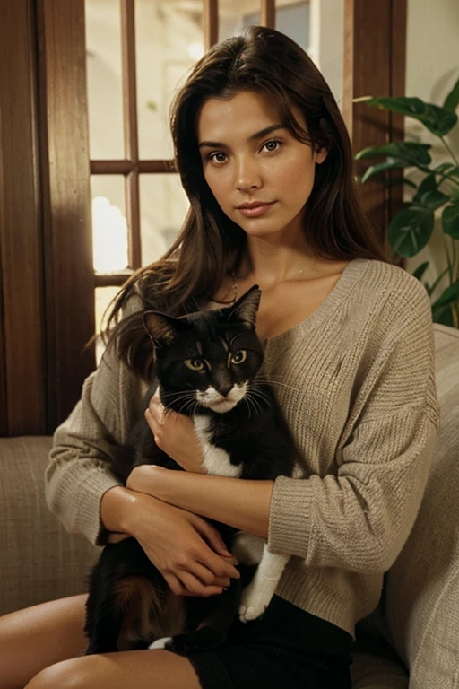 Bella woman holding a Gato negro in her arms, Cristina Applegate, from the hit TV show 9 0 S, Gato negro, ambientado en 1999, embrujado, mujer y gato, with a small cat on his lap, Buffy la cazavampiros, ella tiene un gato en sus brazos, ambientado en 1998, con gatos a su lado.