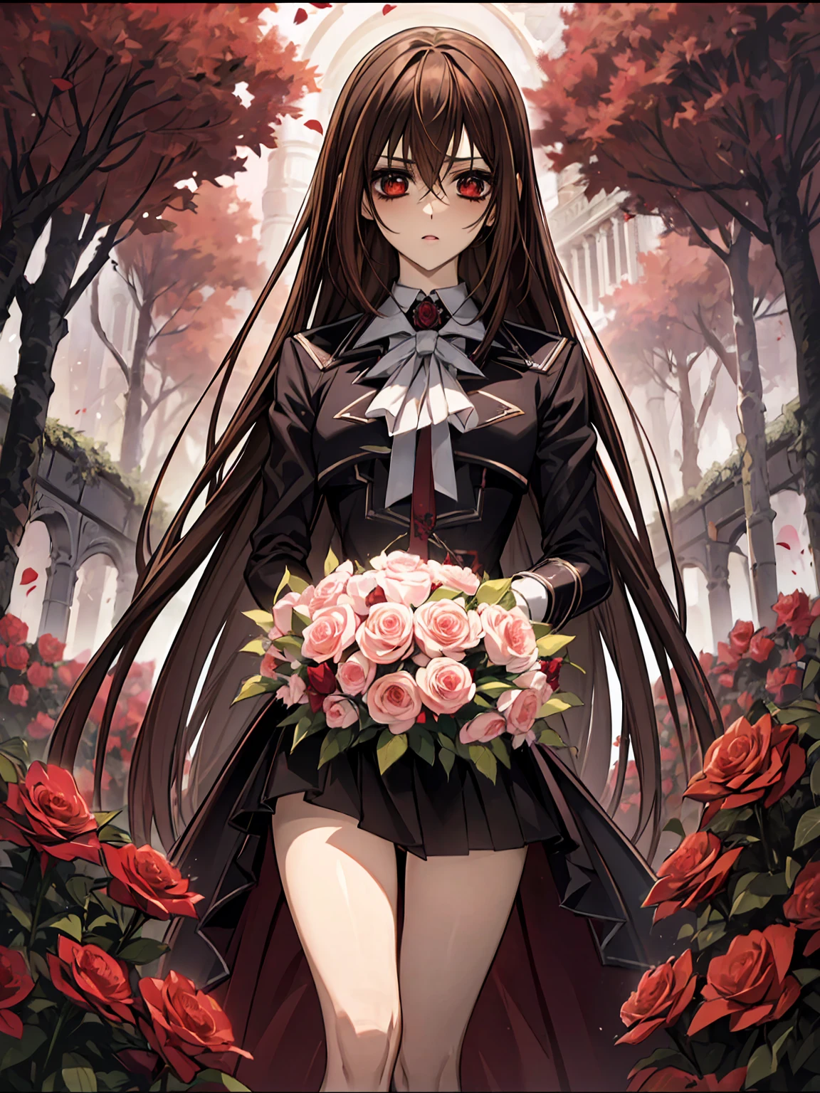 (absurdres, highres, ultra detailed, HDR), masterpiece, best quality, Yuki Cross, 1woman, solo, beautiful, brown hair, vibrant red eyes, finely eye and detailed face, garden, red roses, petals, black uniform, vampire knight