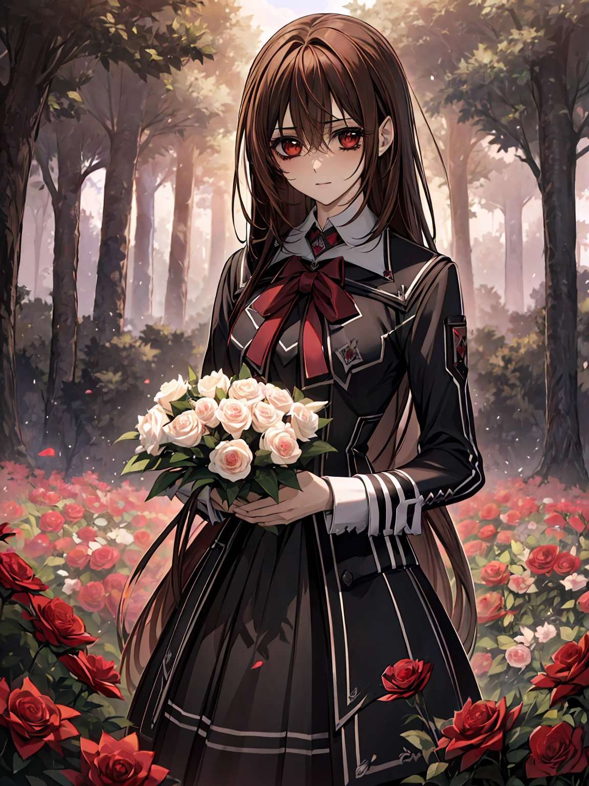 (absurdres, highres, ultra detailed, HDR), masterpiece, best quality, Yuki Cross, 1woman, solo, beautiful, brown hair, vibrant red eyes, finely eye and detailed face, garden, red roses, petals, black uniform, vampire knight