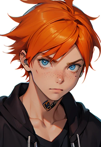 ((Human Male With  orange hair Adolescent )), blue pupils , punk Clothings ,freckles