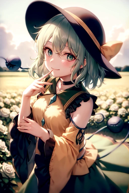 masterpiece, best quality, 1girl, solo, green eyes, komeiji koishi, hat, green hair, flower, blue flower, blue rose, rose, detached sleeves, short hair, bare shoulders, third eye, breasts, bow, smile, petals, dress, from side, medium breasts, looking at viewer, outdoors, black headwear, long sleeves, frills, cloud, wide sleeves, hat bow, closed mouth, choker, alternate costume, sky, black dress, white bow, blush, bangs, hair between eyes, flower field, finger to mouth, frilled sleeves, hand up, field, strapless, eyeball, white skirt, cloudy sky, hat ribbon, ribbon, strapless dress, detached collar, finger to cheek, adapted costume, standing, cowboy shot, upper body