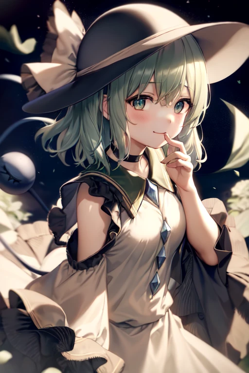 masterpiece, best quality, 1girl, solo, green eyes, komeiji koishi, hat, green hair, flower, blue flower, blue rose, rose, detached sleeves, short hair, bare shoulders, third eye, breasts, bow, smile, petals, dress, from side, medium breasts, looking at viewer, outdoors, black headwear, long sleeves, frills, cloud, wide sleeves, hat bow, closed mouth, choker, alternate costume, sky, black dress, white bow, blush, bangs, hair between eyes, flower field, finger to mouth, frilled sleeves, hand up, field, strapless, eyeball, white skirt, cloudy sky, hat ribbon, ribbon, strapless dress, detached collar, finger to cheek, adapted costume, standing, cowboy shot, upper body