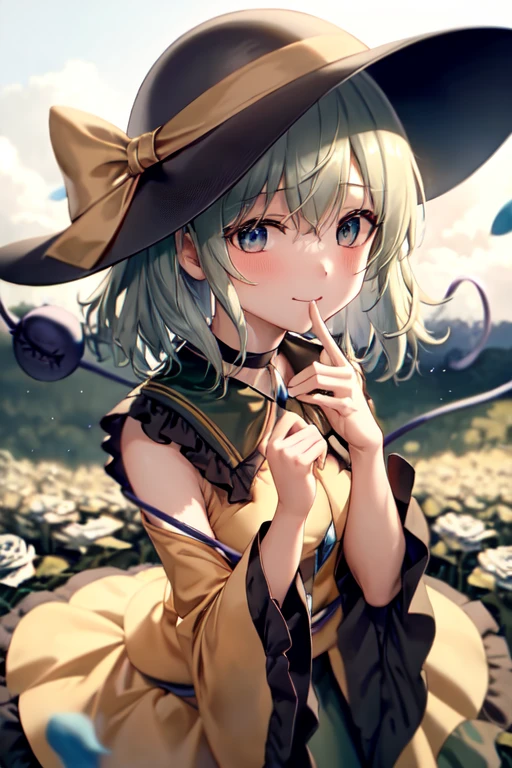 masterpiece, best quality, 1girl, solo, green eyes, komeiji koishi, hat, green hair, flower, blue flower, blue rose, rose, detached sleeves, short hair, bare shoulders, third eye, breasts, bow, smile, petals, dress, from side, medium breasts, looking at viewer, outdoors, black headwear, long sleeves, frills, cloud, wide sleeves, hat bow, closed mouth, choker, alternate costume, sky, black dress, white bow, blush, bangs, hair between eyes, flower field, finger to mouth, frilled sleeves, hand up, field, strapless, eyeball, white skirt, cloudy sky, hat ribbon, ribbon, strapless dress, detached collar, finger to cheek, adapted costume, standing, cowboy shot, upper body