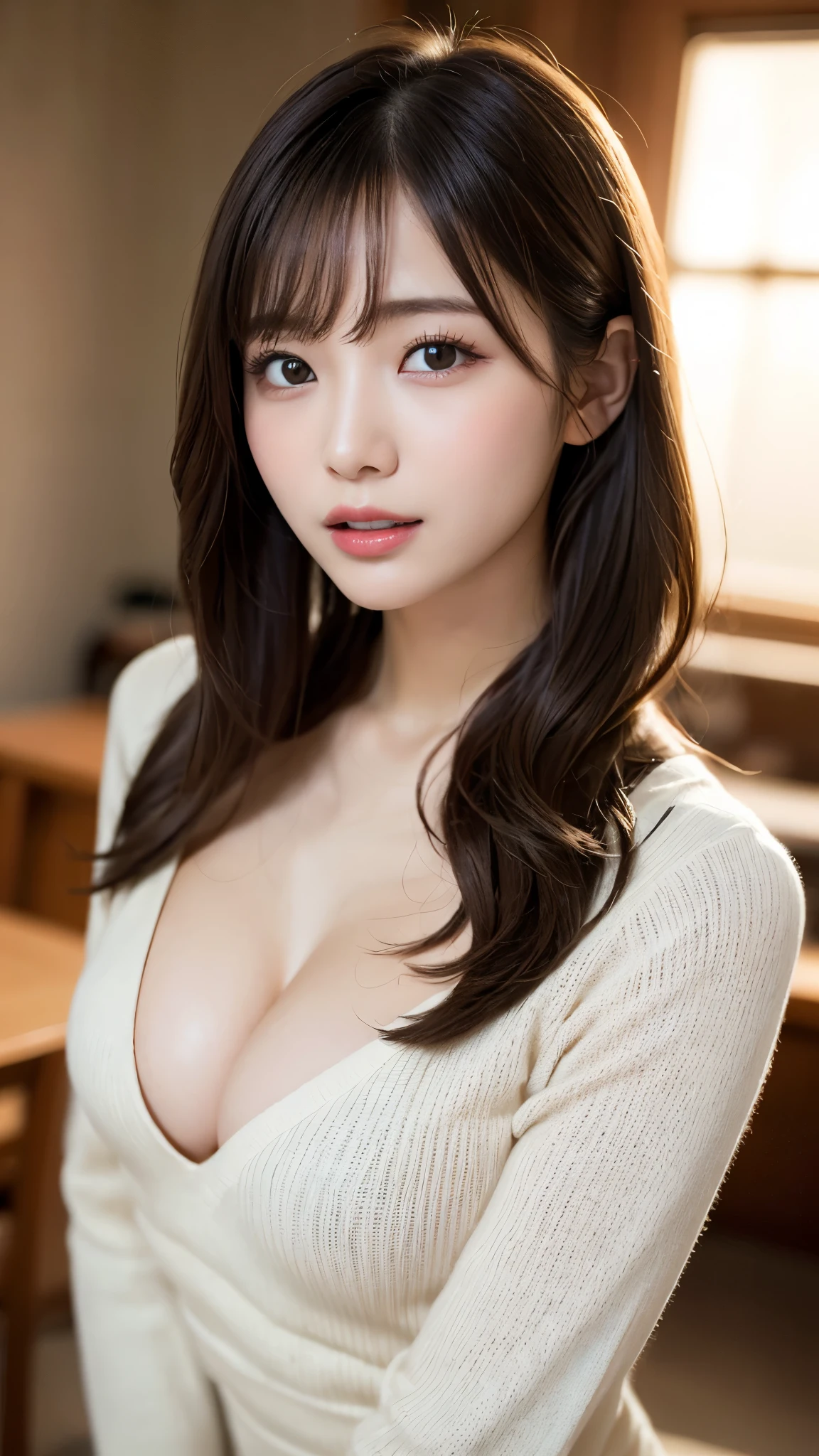 Tabletop, highest quality, figure, Very detailed, In detail, High resolution, 8k wallpaper, Perfect dynamic composition, Beautiful fine details, Natural Lip, long sleeve black knit dress, Small breasts, ランダムにcuteポーズ,RAW Photos,KPOP idol faces,cute,Face close-up,BREAK ceremony,((Random sexy poses、put in、Deep joy, Ecstatic eyes:1.2)), ((I gasp hard:1.2))、Ecstatic face、Climax expression, Through clenched teeth、My whole body is convulsing、Official Art,Very detailed CG Unity 8k 壁紙, (masterpiece:1.0),(highest quality:1.0), photo shoot, 8k, Browsing Caution, High resolution, Kodak Portrait 400, Film Grain, Lens flare brilliance,Very low camera angle, View your viewers, Hug