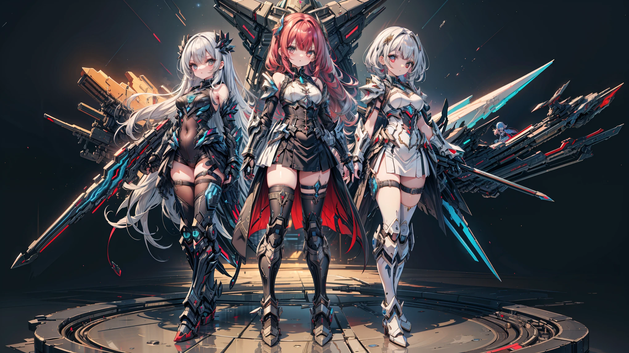 masterpiece, best quality, absurdres, 3 girls (((full body))), standingn, three character, mecha armored girl, a mix of tech and tribal, girls with different hair colors and different mecha armor, ((Metallic Gauntlets and Greaves with Red and Silver Highlights)), space background, LnF