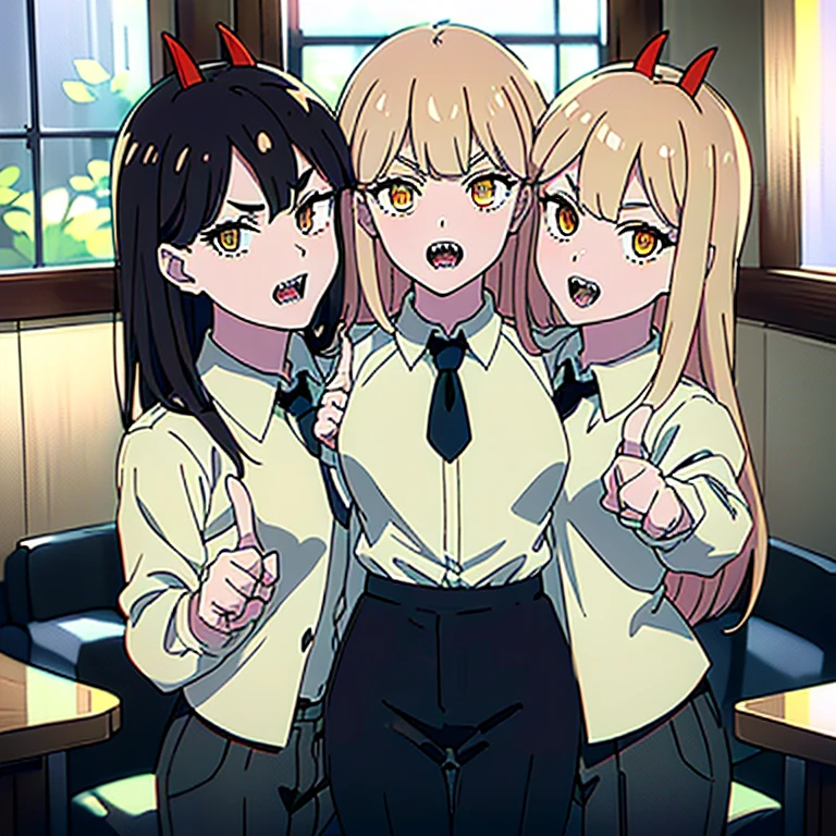 (3heads:1.9), masterpiece, (ultra detailed background, delicate pattern, intricate detail), (highly detailed, fine detailest quality, beautiful lighting, csm anime style, PowerV2, 1girl, solo, long hair, blonde hair, red horns, cross-shaped pupils, ( symbol-shaped pupils, hyperdetailed eyes, hyperdetailed pupils), yellow eyes, ((white shirt, collared shirt, black pants)), sharp teeth, complex detailed backgroubdm inside, window, dark lighting, medium hair, business suit, suit, open mouth , (pointing finger at viewer:1.5), ((cowbot shot)),