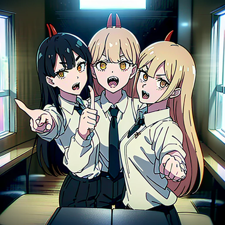 (3heads:1.9), masterpiece, (ultra detailed background, delicate pattern, intricate detail), (highly detailed, fine detailest quality, beautiful lighting, csm anime style, PowerV2, 1girl, solo, long hair, blonde hair, red horns, cross-shaped pupils, ( symbol-shaped pupils, hyperdetailed eyes, hyperdetailed pupils), yellow eyes, ((white shirt, collared shirt, black pants)), sharp teeth, complex detailed backgroubdm inside, window, dark lighting, medium hair, business suit, suit, open mouth , (pointing finger at viewer:1.5), ((cowbot shot)),