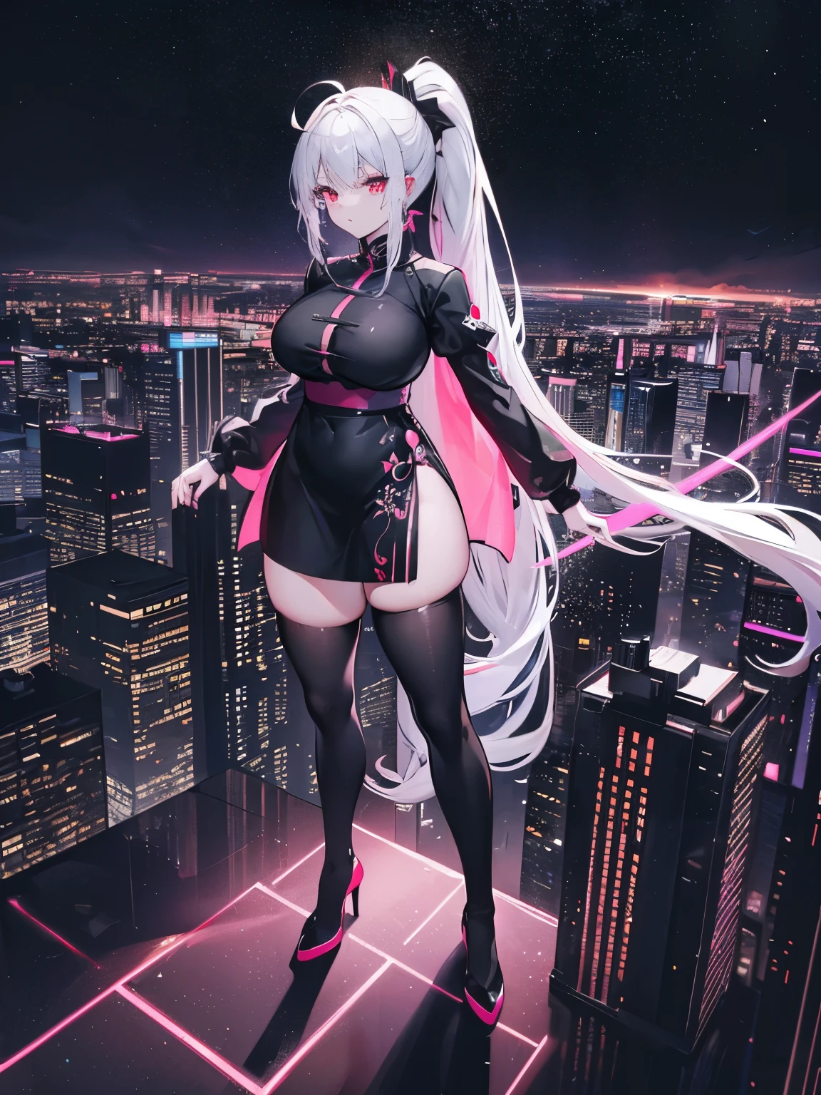 anime, (artwork, best quality, ultra-detailed, high contrast), 1 woman brasilian (Alone, full body, plus size body, standing on the edge of the skyscraper, silver hair, LONG In a ponytail, red eyes, perfect eyes ruby sparkles, (simple black qipao, black cybernetics with neon pink), transparent black socks), (skyscraper roof, overlooking a city, detailed background ((night time, Darkness, low light pollution)))