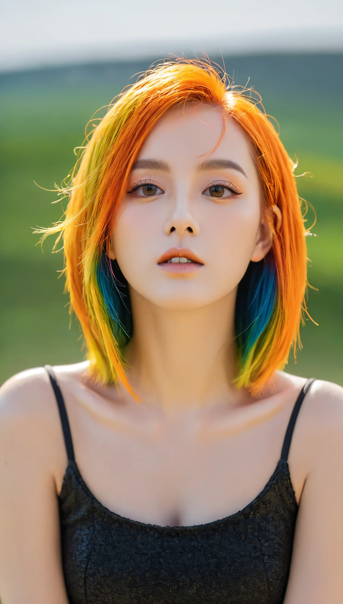 Colorful hair, Gradient hair, carrot hair accessories, Moles under the eyes, Amber eyes, High Detail, Realism, Surrealism, modern Art, light, spark, Wide-angle lens, F/1.2, best quality, The award-winning, 8k, Super Detail, Ultra HD