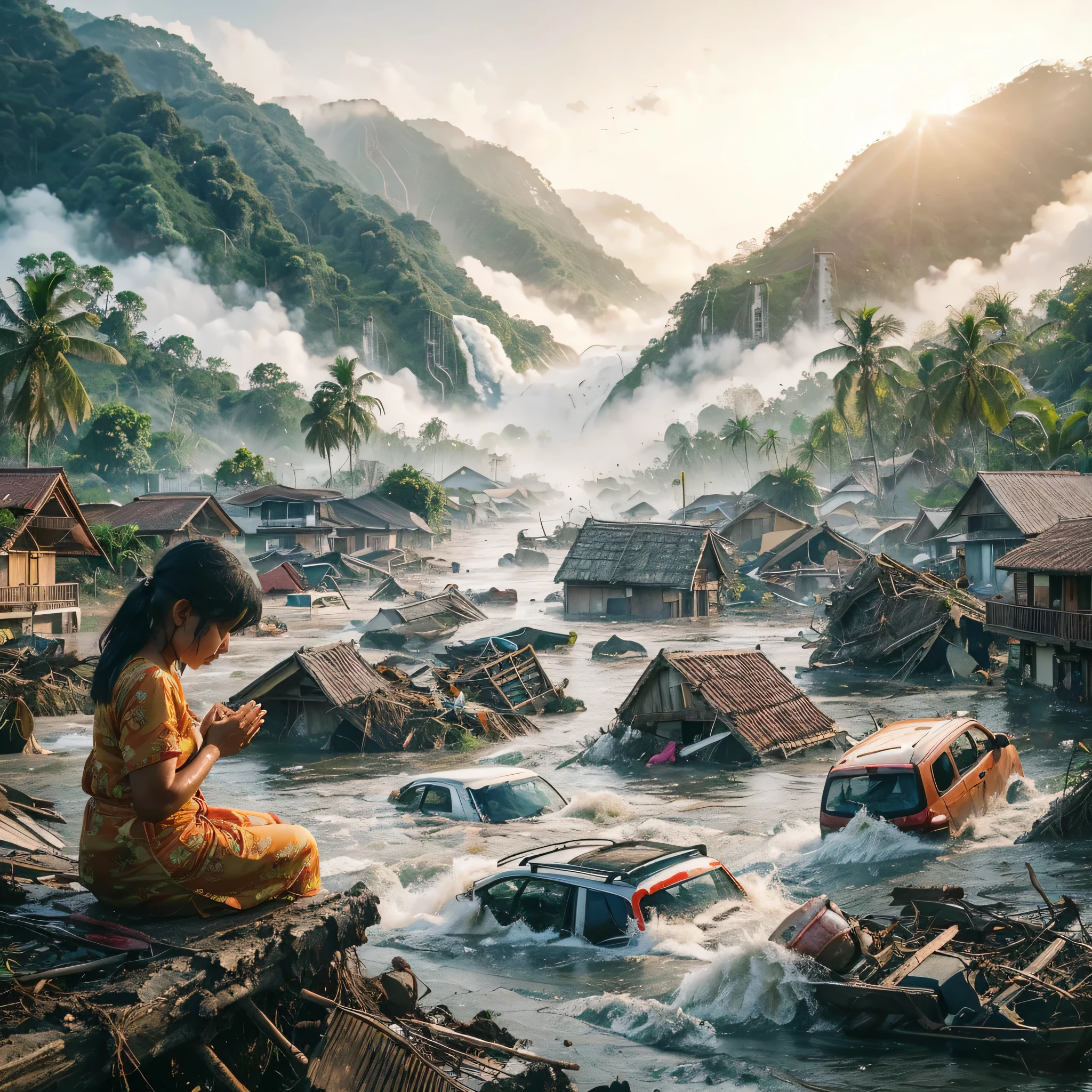create a natural disaster event in West Sumatra, floods, people's houses destroyed, cars & boats washed away, coconut trees & banana trees uprooted, electricity poles down, landslides, foggy mountain & rice field background, broken highway, close up photo of a mother & her sitting holding his while praying, 8K, realistic HD