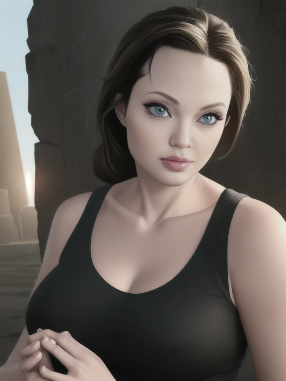 (masterpiece:1.2), (best quality,:1.2), 8k, HDR, ultra detailed, ((photorealistic)), professional light, cinematic lighting, sexy photography, ambient lighting, atmospheric effects, angl, Angelina Jolie as a Lara Croft, upper body shot, wearing tank top, magical temple, (perfect hands), epiCPhoto