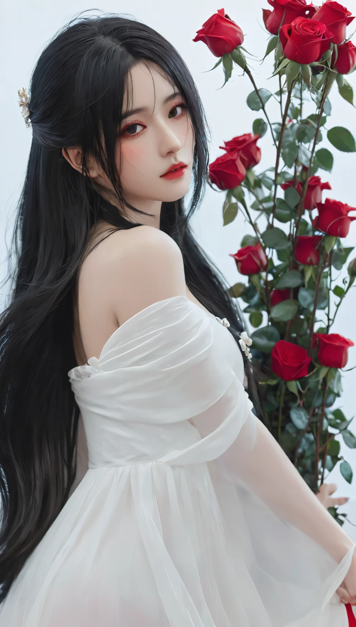 Anime girl with long black hair and white dress with red roses, guweiz, guweiz on pixiv artstation, Detailed digital anime art, Beautiful anime girl, guweiz on artstation pixiv, Anime style 4k, guys, Beautiful anime portrait, Detailed portrait of anime girl, Beautiful anime woman, Detailed anime art