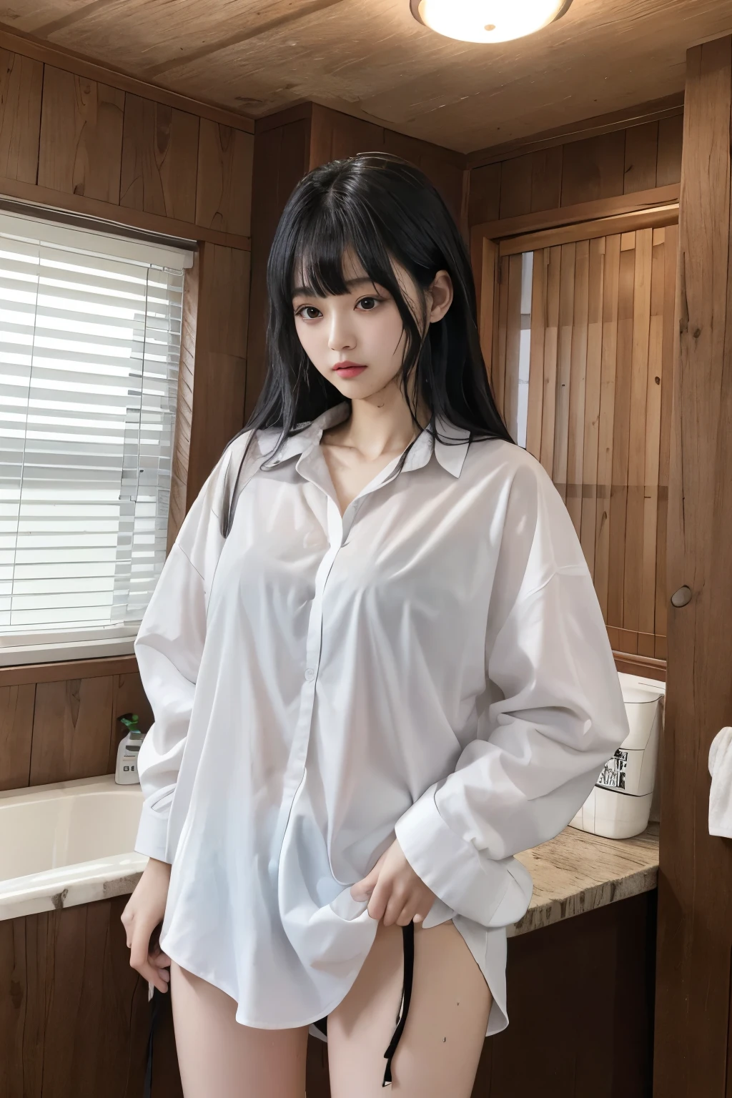 Masterpiece、highest quality、Woman 1、Super detailed、A woman looking up from directly below Black Hair、Long Hair、Blunt bangs wet hair Wet shirt、over size white shirt、Long shirt shirt lift、Swimsuit under shirt Soft thighs ceiling