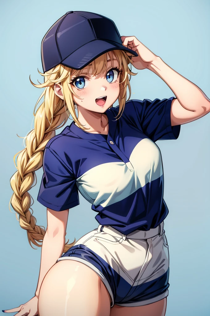 a cartoon girl wearing a baseball uniform as a cheerleader on a screen, 1girl, solo, baseball cap, hat, shorts, blue eyes, twin braids, braid, long hair, blonde hair, shirt, baseball uniform, blue headwear, white shirt, white background, blue shorts, simple background, open mouth, looking at viewer, short sleeves, blush, wristband, breasts, bangs, smile, striped shirt