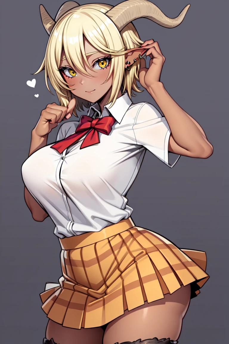 satyr, goat_horns, legfur, animal ears, solo, 1girl, blonde hair, short hair, amber eyes, dark skin, (gyaru), gyaru clothes, gyaru hair, piercings, earrings, (tomboy), large breasts, (tall), wearing skirt, white shirt,