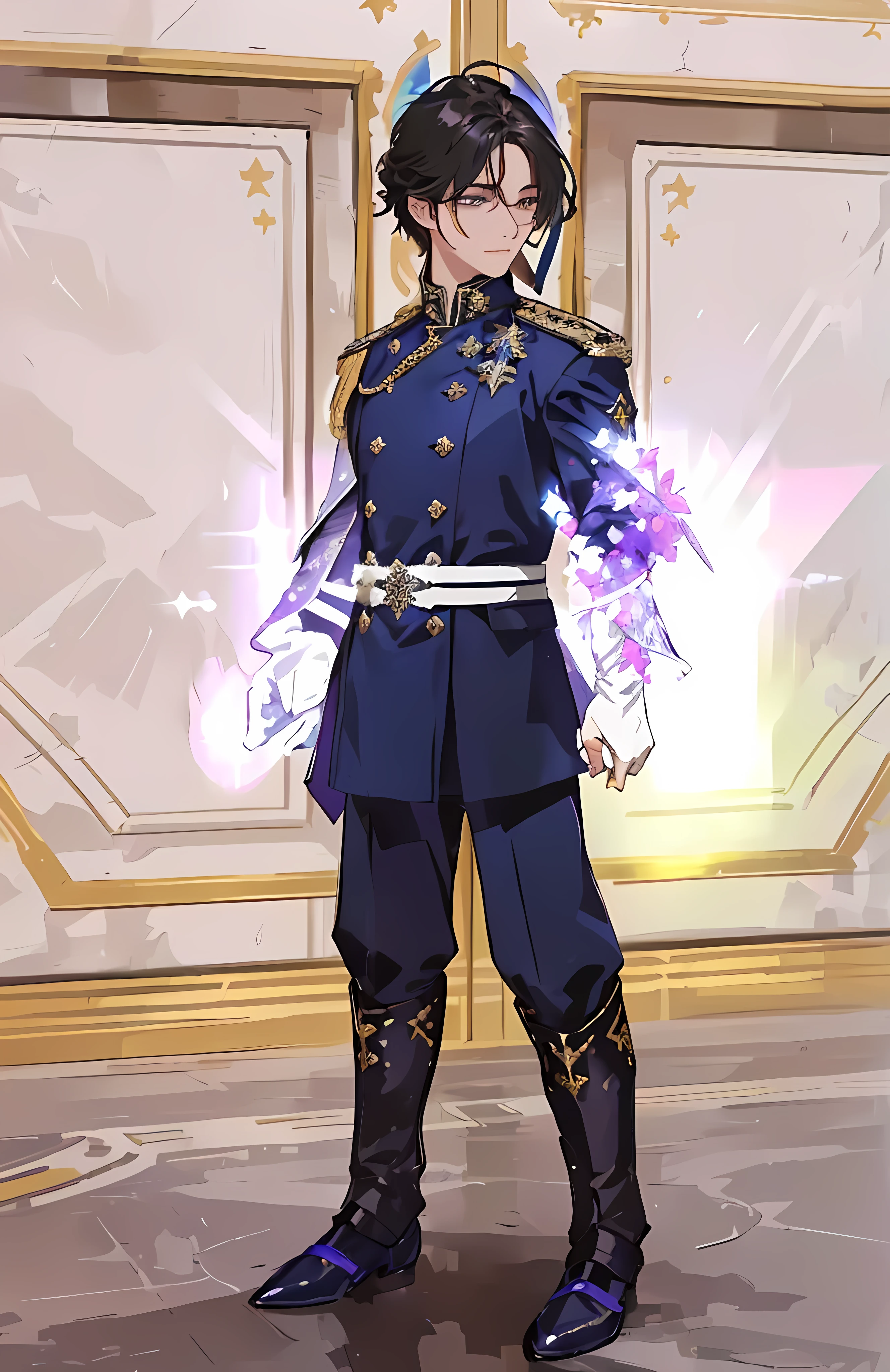 masterpiece:1.2, best quality, detailed and beautiful,  a close up of a person in a uniform with a sword, soldier outfit, magic uniform, a purple and white dress uniform, wearing imperial gear, delicate androgynous prince, officer, wearing star filled mage robes, young shadow mage male, shinning armor, royal attire akira, wearing shining armor, wearing fantasy formal clothing, navy blue armor