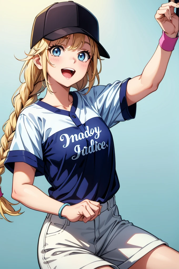 a cartoon like photo of a gorgeous woman in baseball uniform holding up her lucky baseball, 1girl, solo, twin braids, braid, baseball cap, shorts, hat, blue eyes, shirt, white shirt, blonde hair, white background, smile, long hair, blue shorts, short sleeves, blue headwear, simple background, wristband, :d, blush, bangs, open mouth