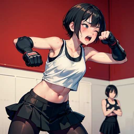 Cute Japanese high school girl with short cut, dark hair, drenched in sweat. Mixed martial arts gym. One eye tightly closed, fired up, screaming, punching the wall as hard as she can. Bloody fists. Out of breath, tank top, leggings, open finger gloves. Small breasts, poor belly, slender body, poor body.