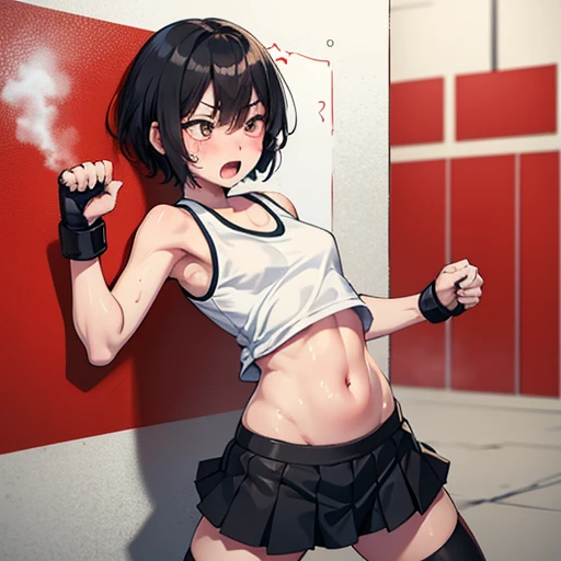 Cute Japanese high school girl with short cut, dark hair, drenched in sweat. Mixed martial arts gym. One eye tightly closed, fired up, screaming, punching the wall as hard as she can. Bloody fists. Out of breath, tank top, leggings, open finger gloves. Small breasts, poor belly, slender body, poor body.
