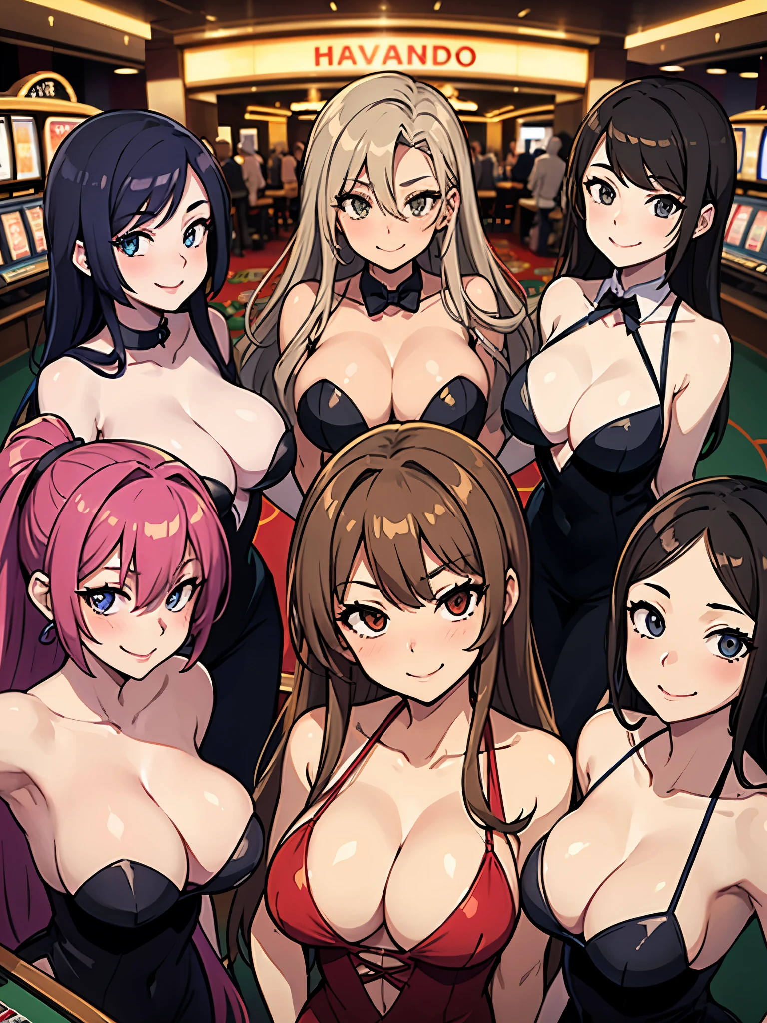 four sexy women looking at camera, flirtatious smiles, casino outfits, portrait