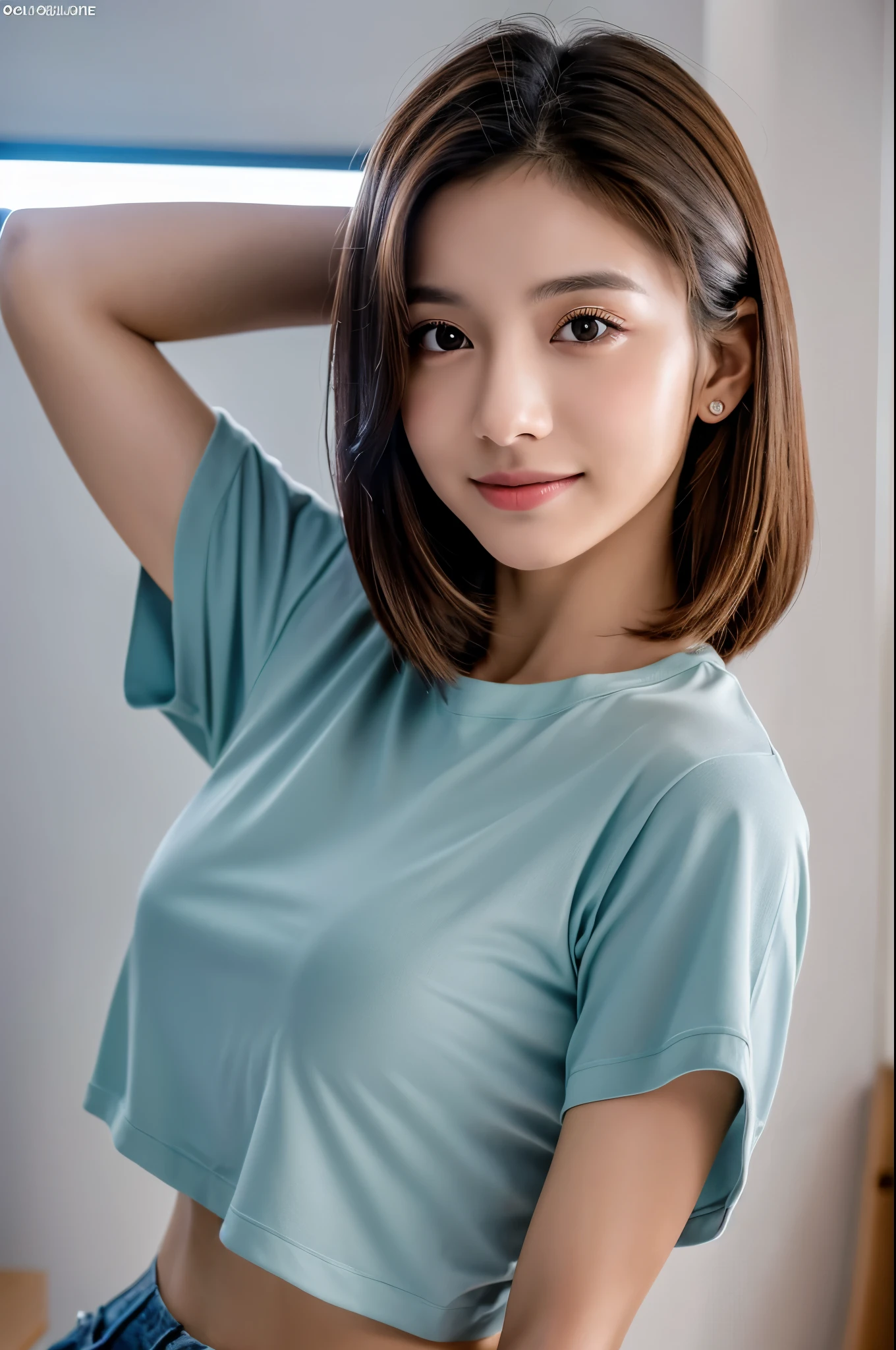 8K,17 years old,Brown short hair,Smiling female high school student,Super Beauty(Like the real thing),Stylish T-shirt,Shorts,masterpiece,Flexible physical ability,Put your chest close,Perfect Anatomy,charm,Volume measurement,Body balance,Digital single-lens reflex camera, Soft lighting, Detailed Background, Written boundary depth, Volumetric lighting, Sharp focus, Absurd, Realistic proportions, Excellent anatomy, (Realistic, 超Realistic:1.4), 16K HDR, dawn,A High Resolution,super Realistic 肌,Super beautiful expression,Fantasy art,Character Art,Wind effects:1.9、Cloud Effect:1.2、Full Rendering、Professional quality high resolution、Perfect contrast、Perfect lighting、Perfect composition、Perfect Skin、Perfect Fingers、Perfect breasts、Perfect Hair、Perfect Face、Realistic facial features,super highest quality,Slim figure,Perfect body line,Perfect hand shape,Anatomical body balance,Highly detailed face,Highly detailed eyes,Beautiful Lips,Excellent light particles,Cinema Lighting,Makeup,Ultra-high resolution,Ultra-Realistic Skin,Makeup,Dynamic pose,
