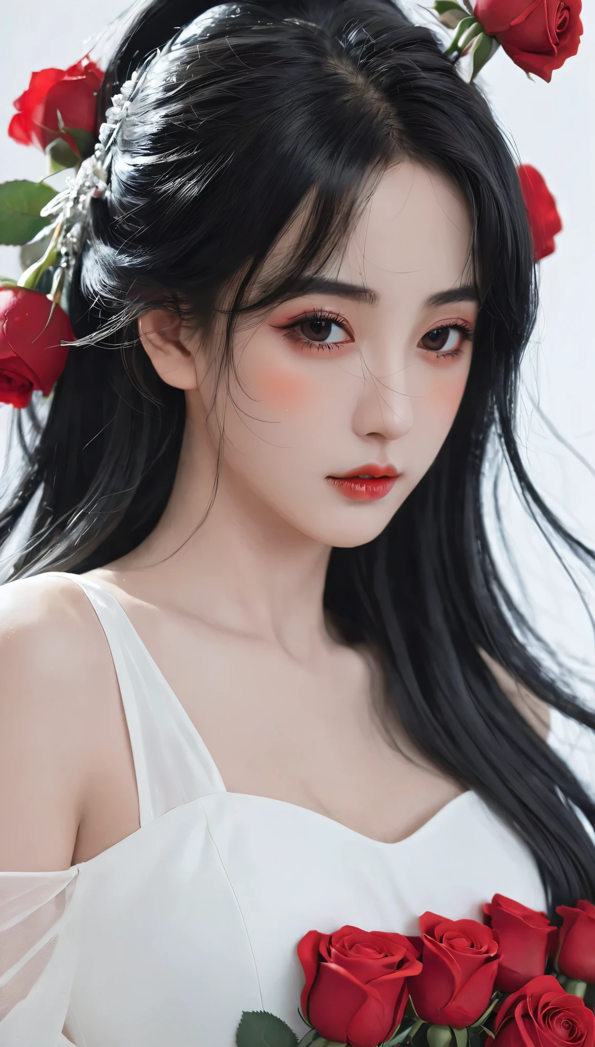 Anime girl with long black hair and white dress with red roses, guweiz, guweiz on pixiv artstation, Detailed digital anime art, Beautiful anime girl, guweiz on artstation pixiv, Anime style 4k, guys, Beautiful anime portrait, Detailed portrait of anime girl, Beautiful anime woman, Detailed anime art