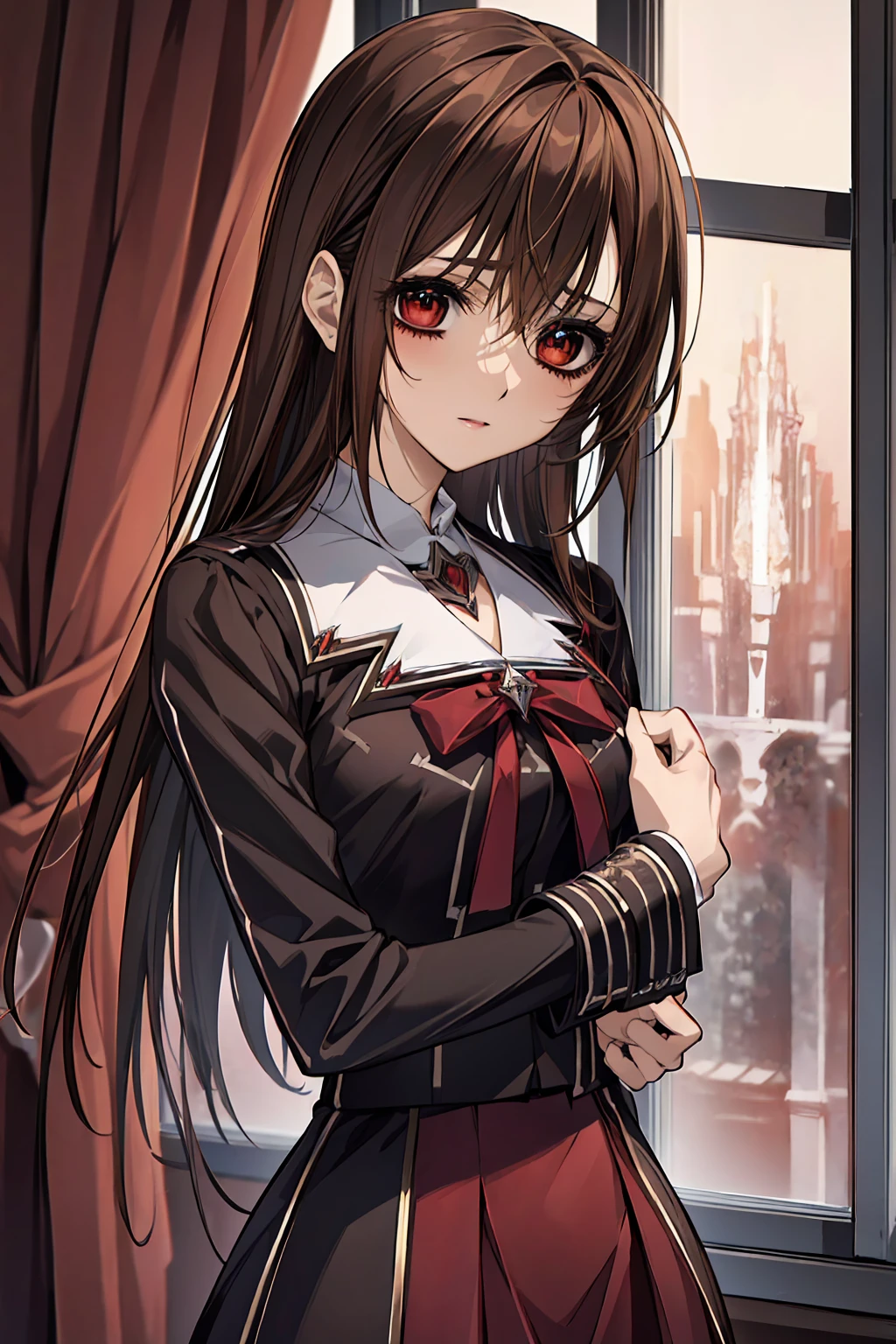 (absurdres, highres, ultra detailed, HDR), masterpiece, best quality, Yuki Cross, 1woman, solo, beautiful, brown hair, vibrant red eyes, finely eye and detailed face, window, red curtains, black uniform, vampire knight