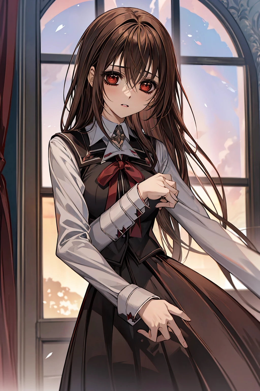 (absurdres, highres, ultra detailed, HDR), masterpiece, best quality, Yuki Cross, 1woman, solo, beautiful, brown hair, vibrant red eyes, finely eye and detailed face, window, red curtains, black uniform, vampire knight