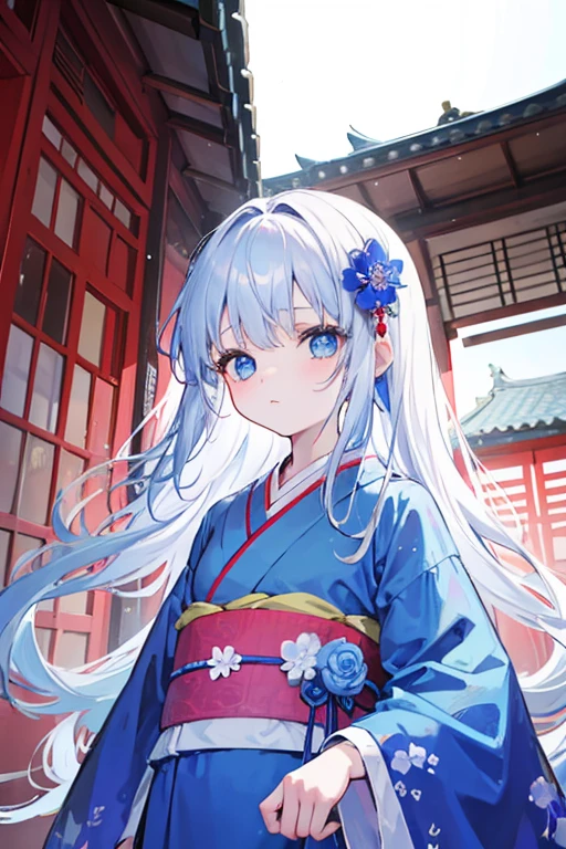 girl,east asian architecture, Blue eyes, big eyes,droopy eyes, With blue flower corsage and skyblue ribbon ,Slender body, upper body, White long hair, looking up, looking away,kimono
