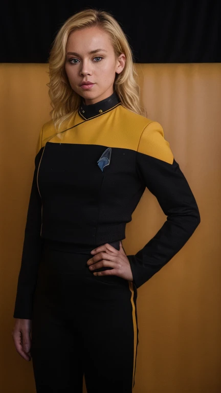 Masterpiece, Best Quality, High Resolution, 1girl, Super High Resolution, Solo, (wearing pcdst black and yellow uniform,black long sleeves,black pants,black chest,yellow shoulders,badge:1.2), Blond Hair