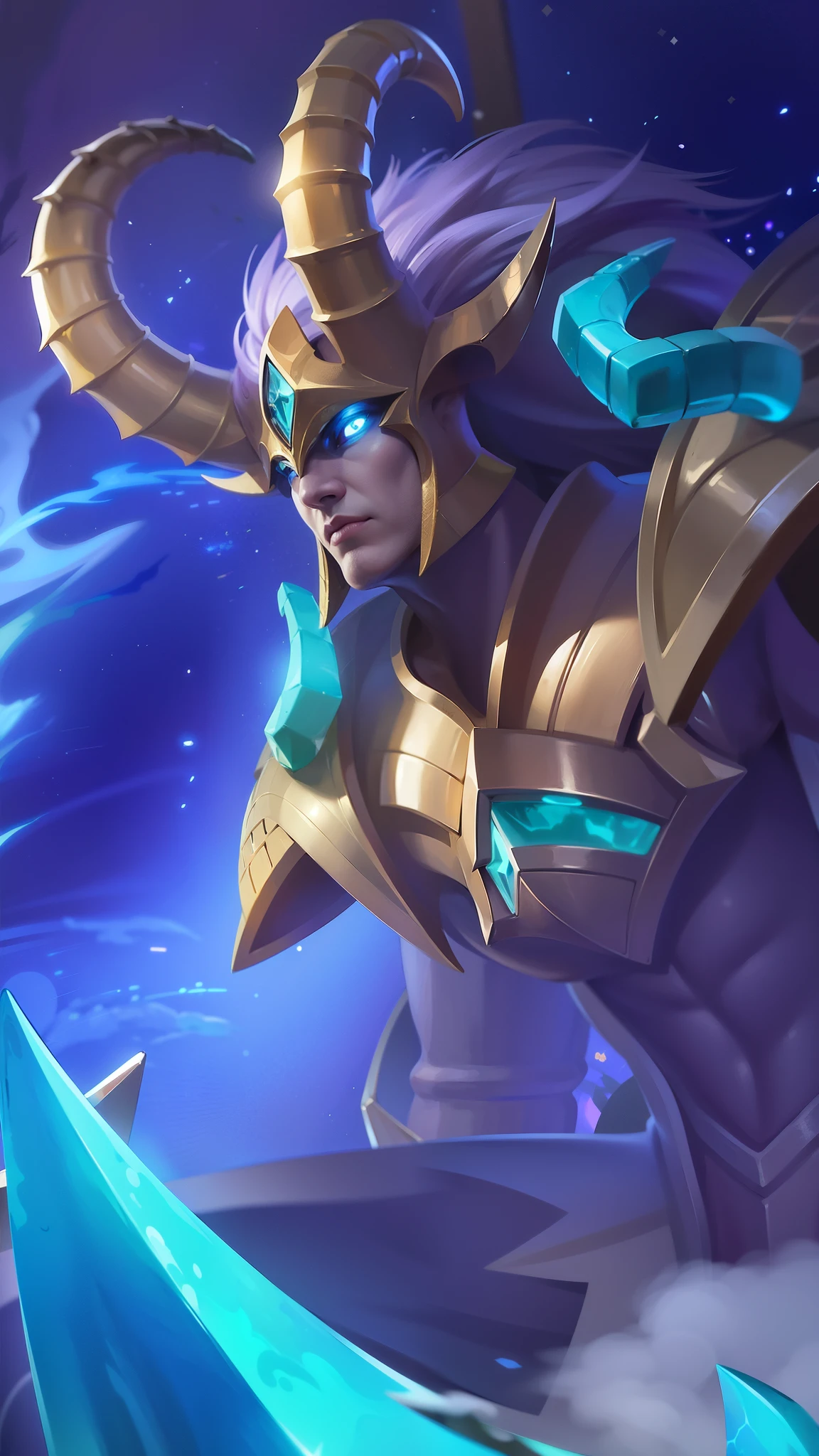 a guy with a sword and a helmet, Masterpiece, ultra HD, detailed all picture, a close up of a devil, dyrroth from mobile legend, evil, extremely detailed artgerm, mobile legends character, inspired by Dyrroth, Six pack chest and abs, black jewel above the chest, light blue eyes, angry.