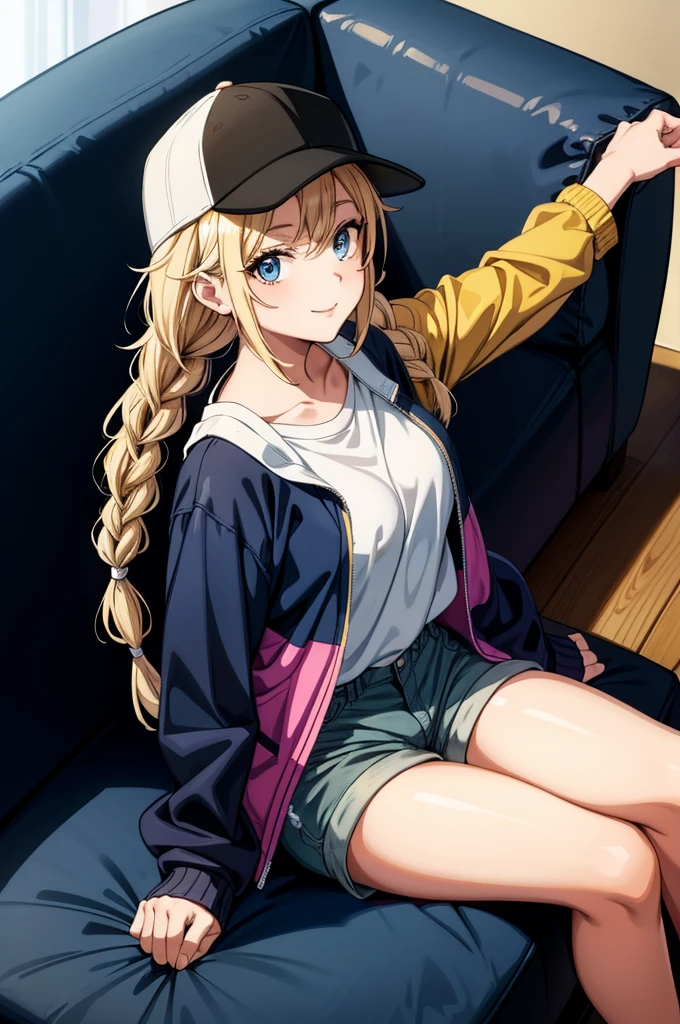 a painting of girl with hair done and top off sitting on a black couch with a white sheet over her and headphones on, blonde hair, blue eyes, twin braids, hat, shorts, baseball cap, couch, braid, shirt, smile, breasts, sitting, jacket, white shirt, long hair, looking at viewer, 1girl, on couch, black headwear